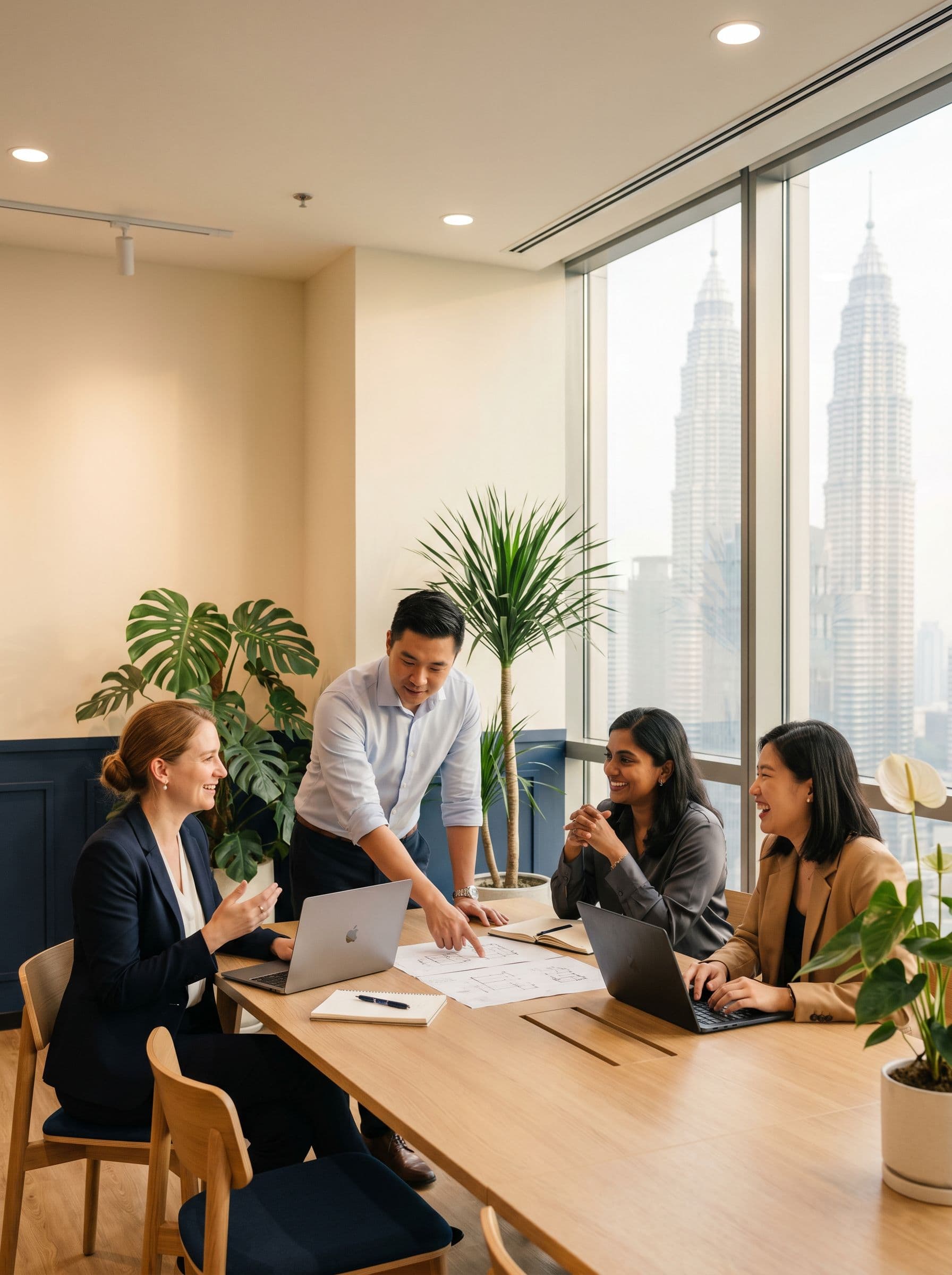 Diverse business professionals collaborating in a modern Kuala Lumpur office