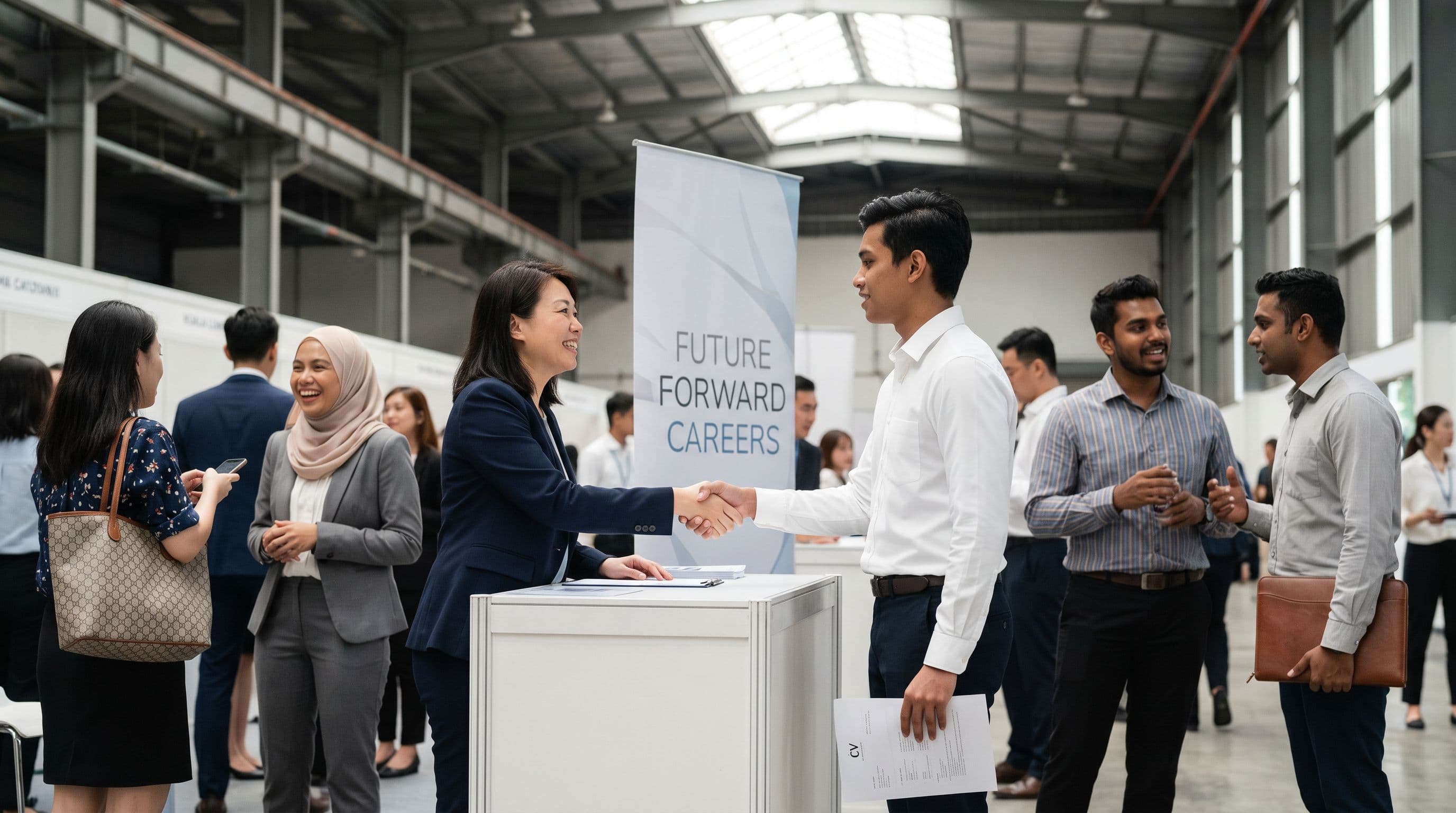 Recruiter shaking hands with a candidate at a Malaysian career fair