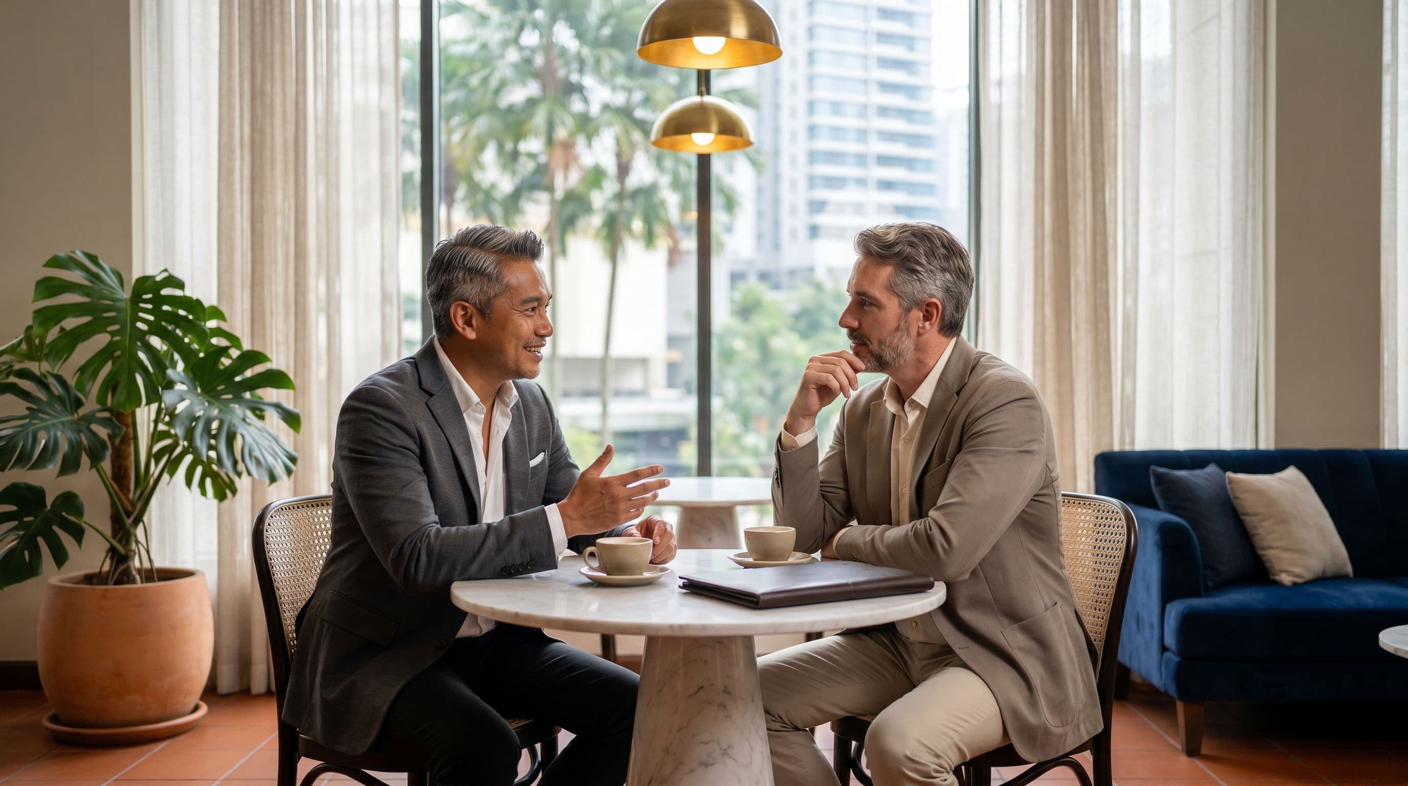 Discreet cross-cultural executive meeting over coffee in an upscale Kuala Lumpur hotel lounge