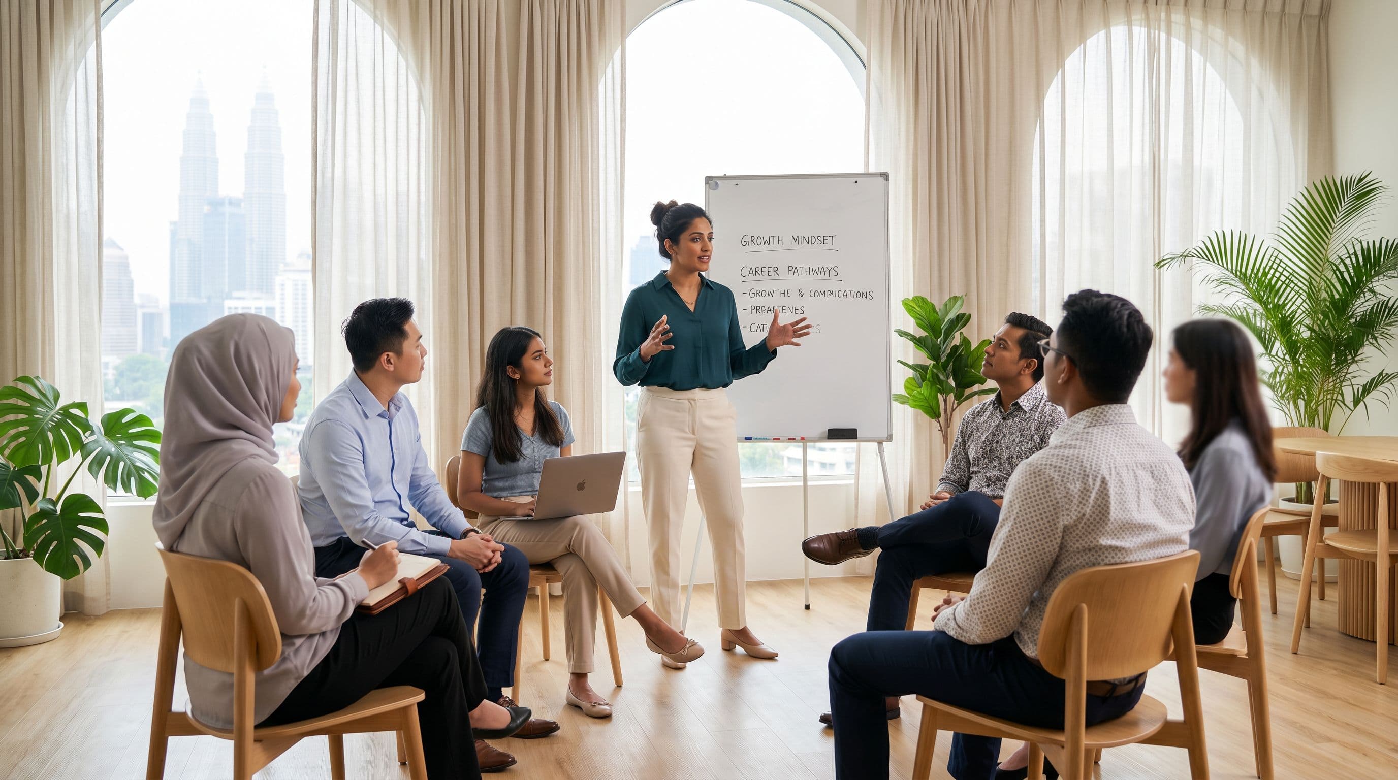Career coach leading a workshop with a small group of Malaysian professionals